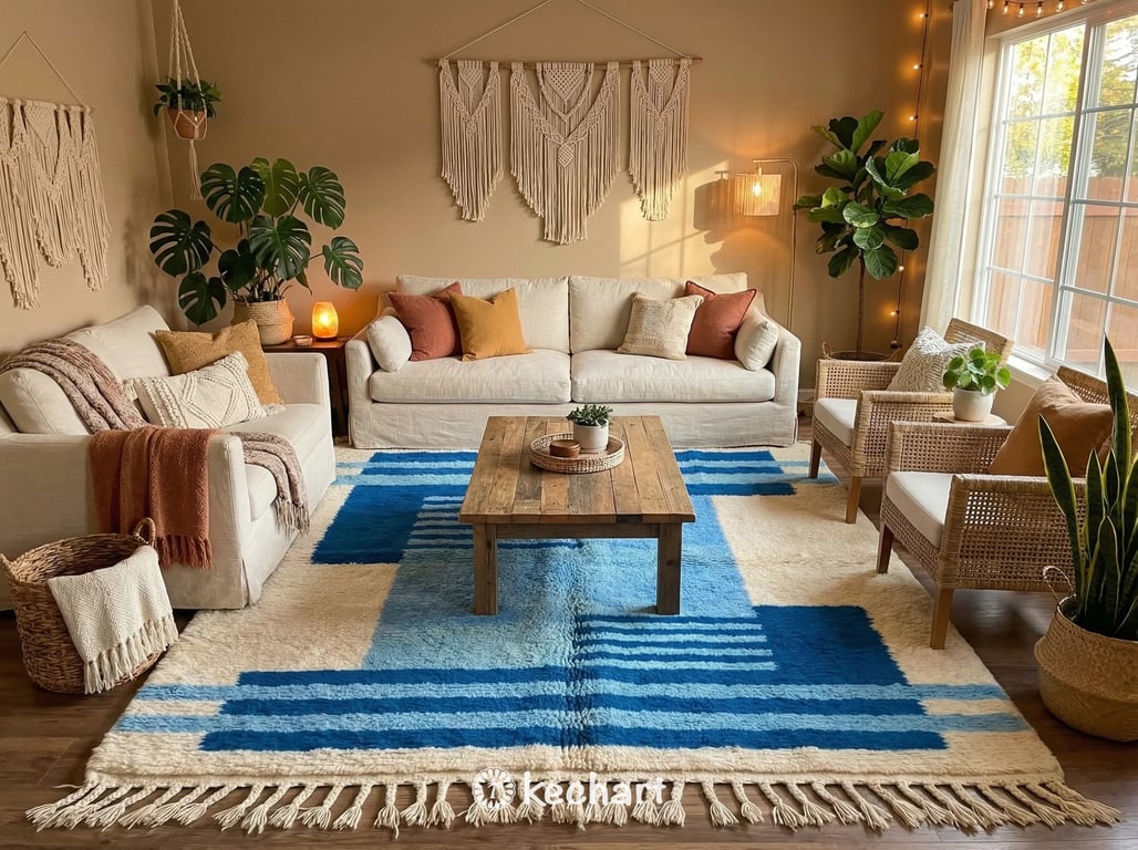 Plush shag Beni Ourain rug in a serene bedroom setting, placed partially under a king-size bed, adding texture and blue color accents to a neutral decor palette.