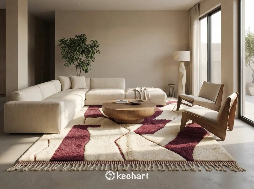 Expansive custom sized Berber rug shown in a spacious, light-filled dining area, demonstrating the versatile scale available from 2x4 ft up to 12x18 ft.