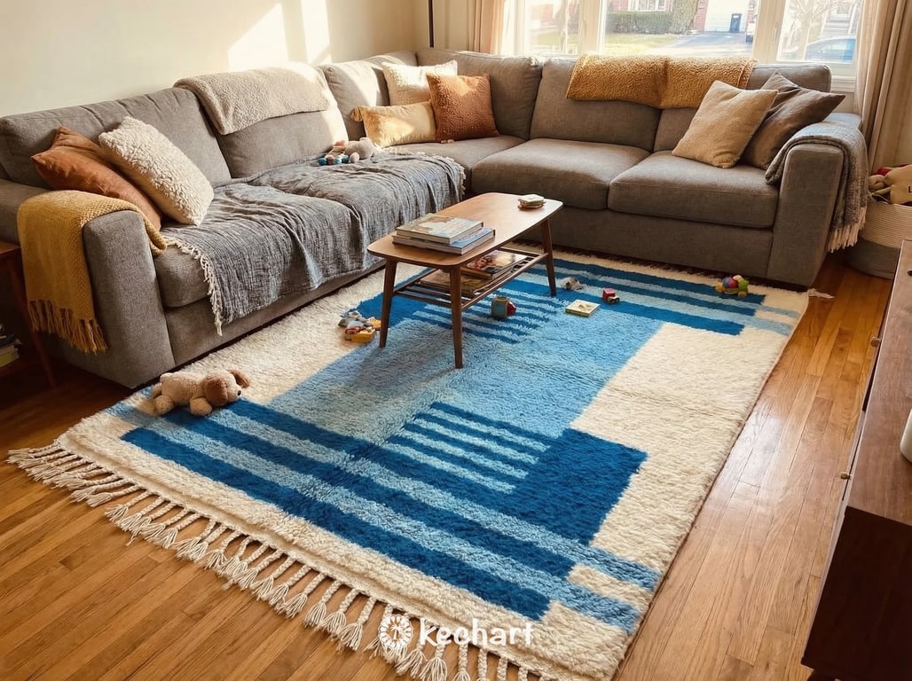 Custom Beni Ourain Rug - Handwoven Cream & Blue Wool - Made to Order