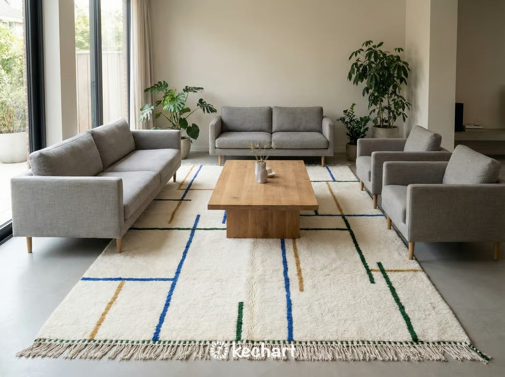 Vibrant geometric Moroccan shag rug adding warmth, texture, and color to a stylish, modern nursery or creative home office space.