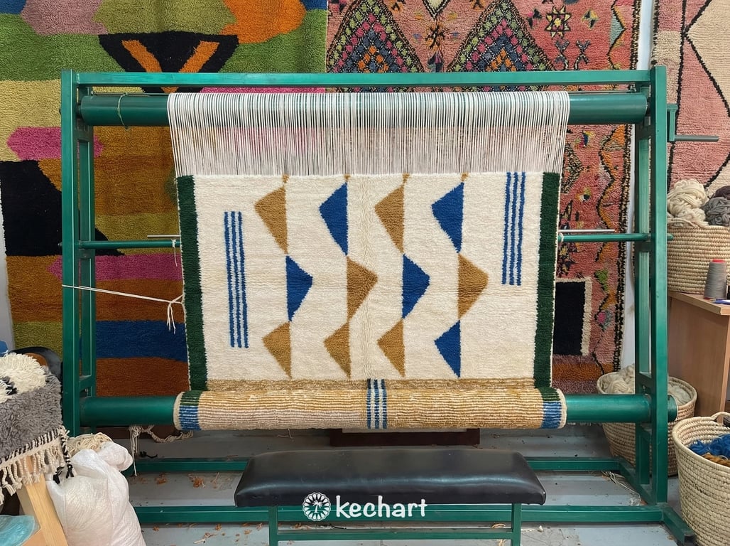 Custom Beni Ourain Rug - Made to Order Moroccan Blue & Gold Geometric Wool