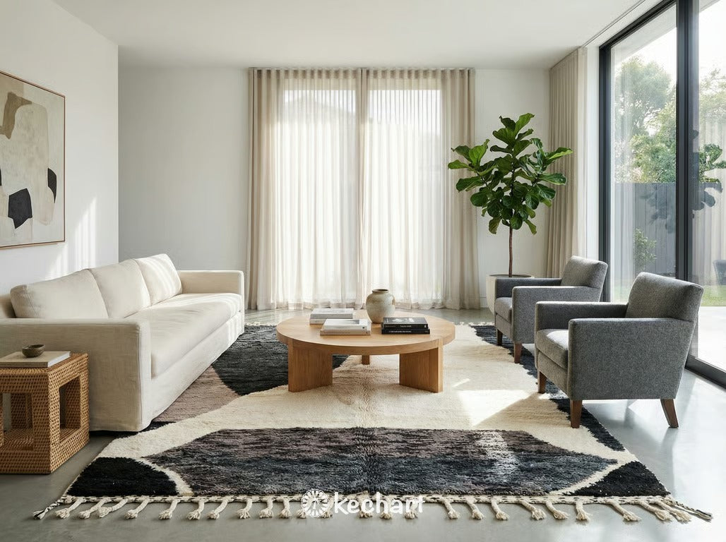 Plush made-to-order Beni Ourain shag rug placed under a king-size bed in a serene, bohemian bedroom setting. Soft white pile with subtle geometric motifs.