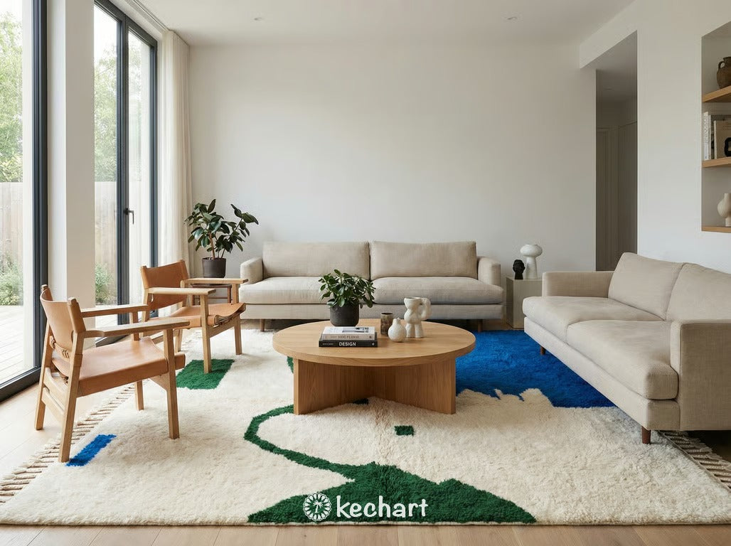 Large custom Moroccan wool area rug anchored in a modern living room setting, pairing the blue and green geometric design with neutral furniture.