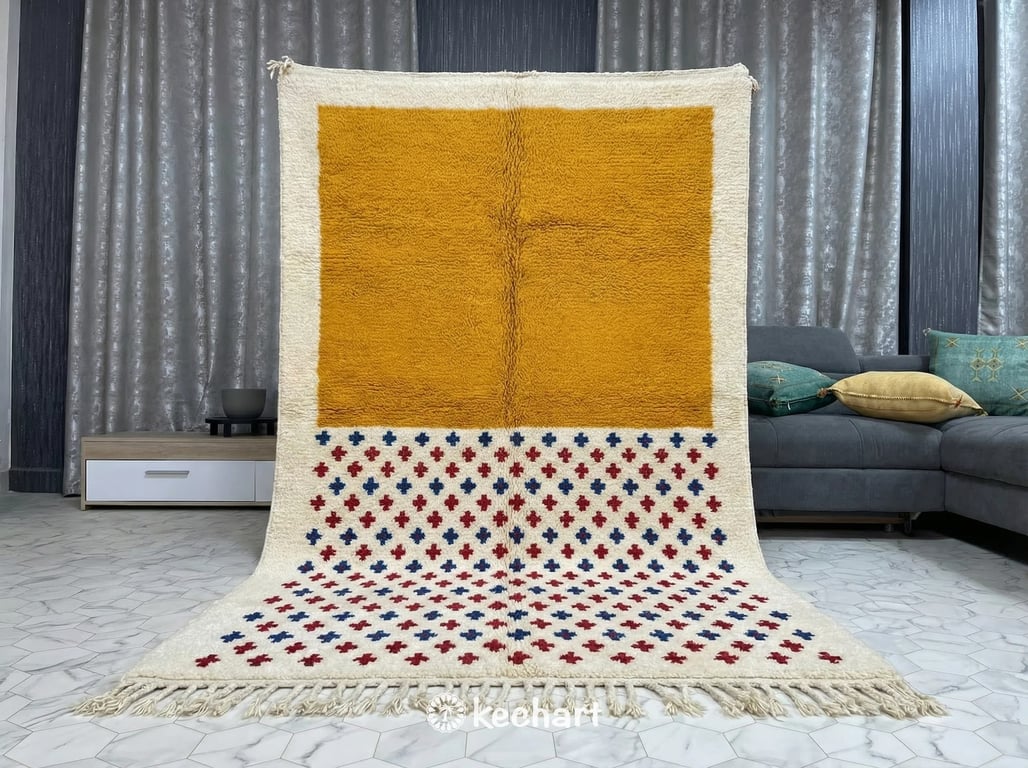 Made to Order Beni Ourain Rug - Plush Moroccan Wool, Saffron & Blue Diamonds