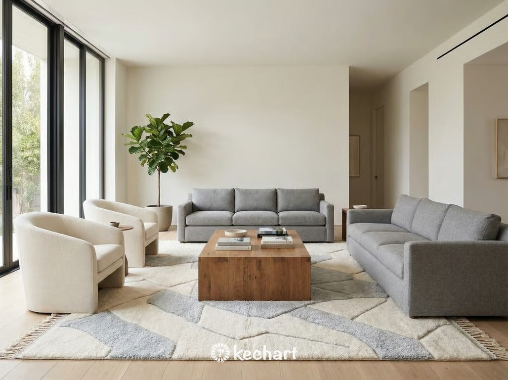 Large custom Beni Ourain area rug in a minimalist living room setting, anchored under a neutral linen sofa and wooden coffee table.
