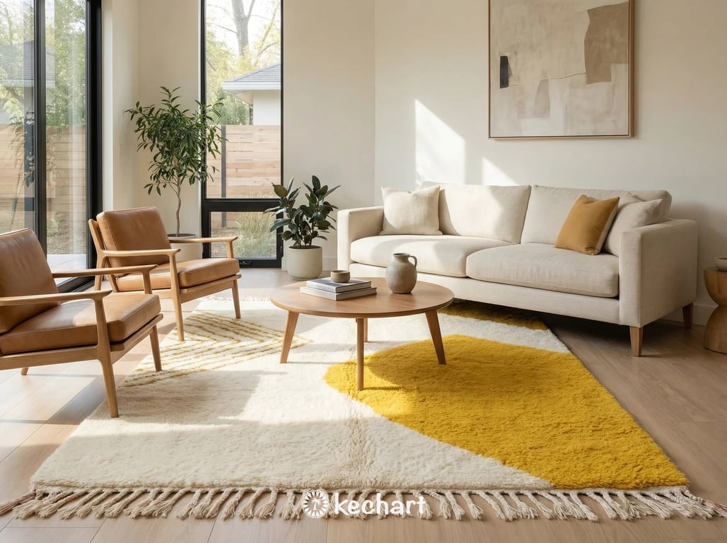 Detail view focusing on the plush wool texture and hand-knotted fringe of an authentic, made-to-order Beni Ourain Moroccan carpet.