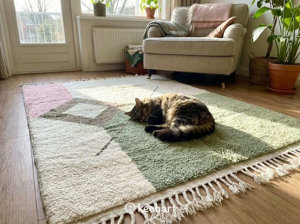 Custom Size Beni Ourain Rug - Moroccan Wool Rug in Sage & Pink Geometric