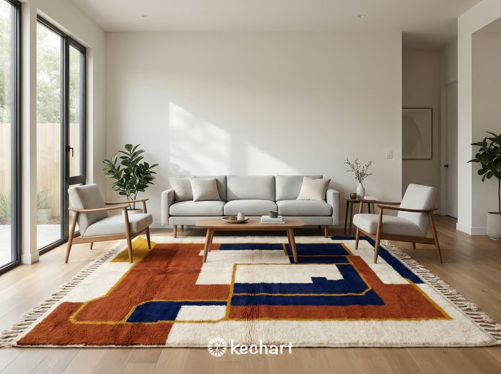 Close-up detail shot showing the high pile, hand-knotted wool texture and vibrant rust, cream, and navy yarns of an authentic Beni Ourain custom rug.