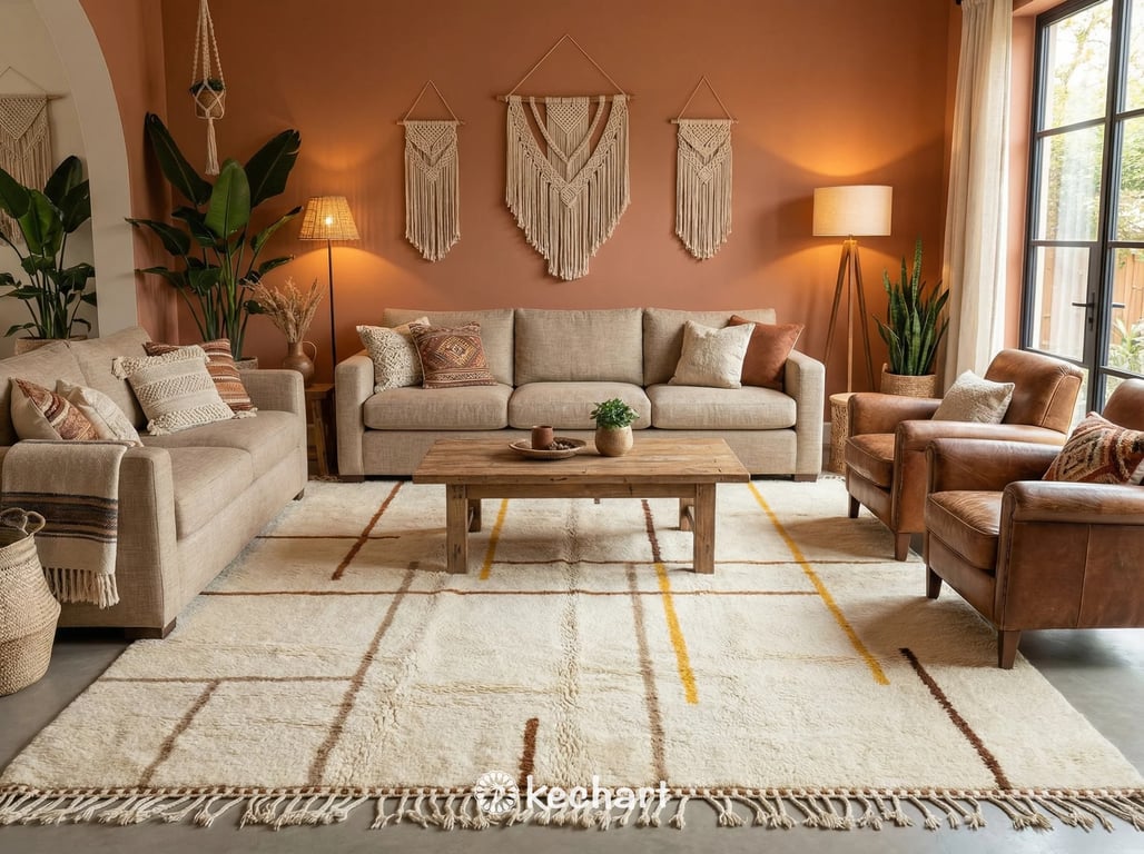 Handwoven Berber shag rug in earth tones grounding a contemporary living room, placed beneath a linen sofa and wooden coffee table to add warmth and texture.