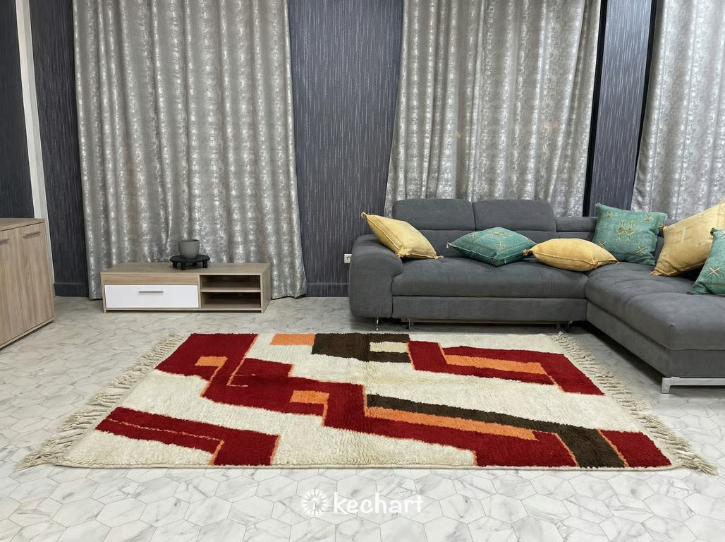 Custom Beni Ourain Rug - Handmade Moroccan Wool in Crimson, Orange & Cream