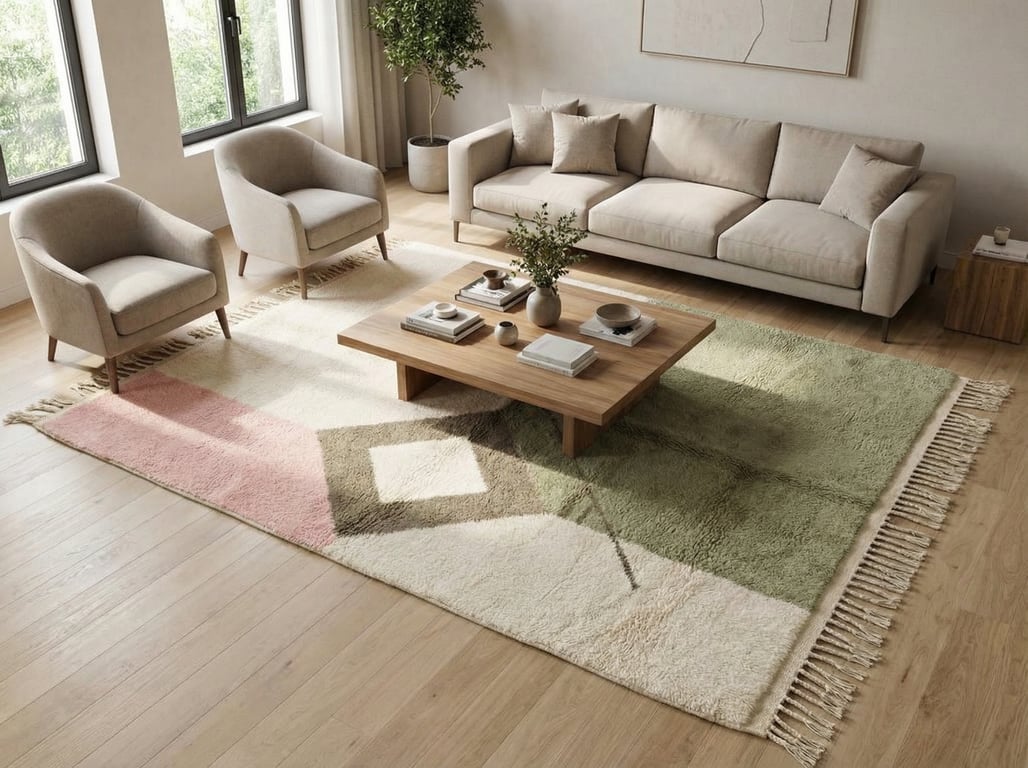 Large Custom Moroccan Wool Area Rug in a Modern Bohemian Living Room, featuring Pastel Sage and Pink Geometric Diamonds anchoring a Neutral Sofa.