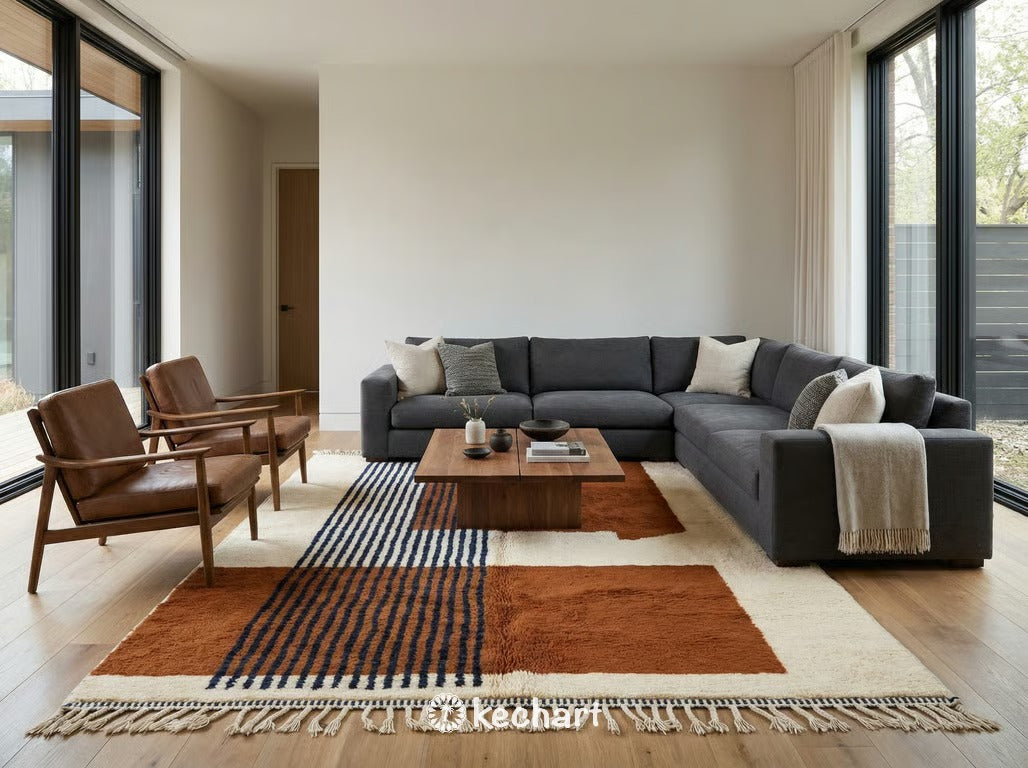 Medium density geometric Moroccan rug in a stylish nursery or home office, providing soft flooring for play or work, handwoven wool texture visible.