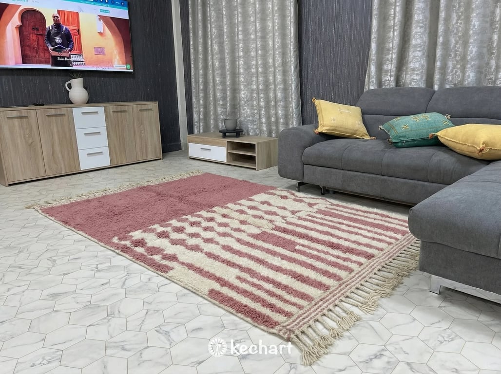 Close-up detail of handwoven Beni Ourain wool pile in slate rose color, highlighting the thick shaggy texture and individual artisan knots.