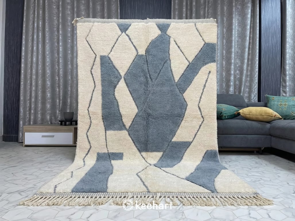 Custom Beni Ourain Rug - Made to Order Cream & Blue Wool