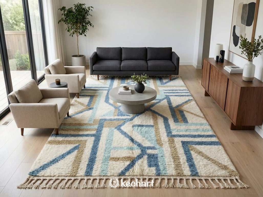 Medium-sized custom Beni Ourain rug adding soft texture to a minimalist nursery or home office space.