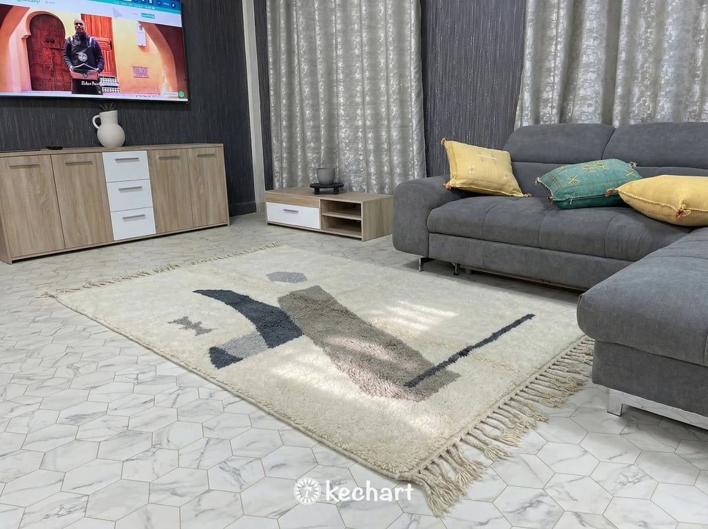 Styled interior view featuring a slate grey diamond patterned Moroccan wool rug in a Scandinavian inspired home office.