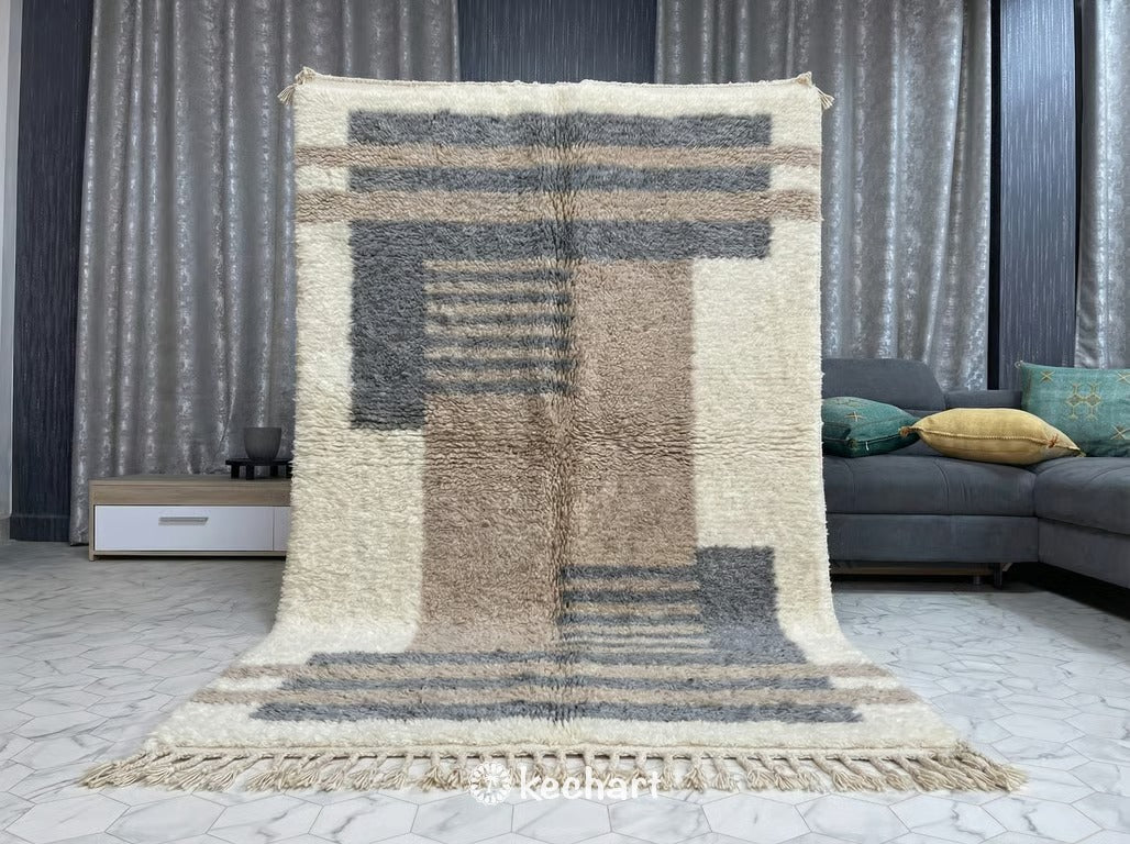 Custom Beni Ourain Rug - Handwoven Moroccan Wool, Grey & Taupe Geometric Diamonds