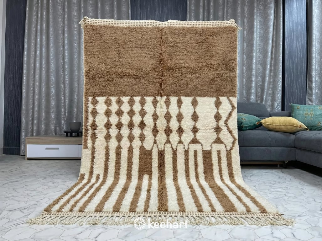 Authentic handmade Berber rug from Morocco in a custom size, adding warmth and texture to a modern home office space.