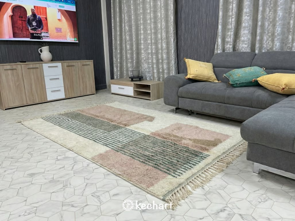 Custom Beni Ourain Rug - Made to Order Moroccan Wool with Sage & Pink Diamonds