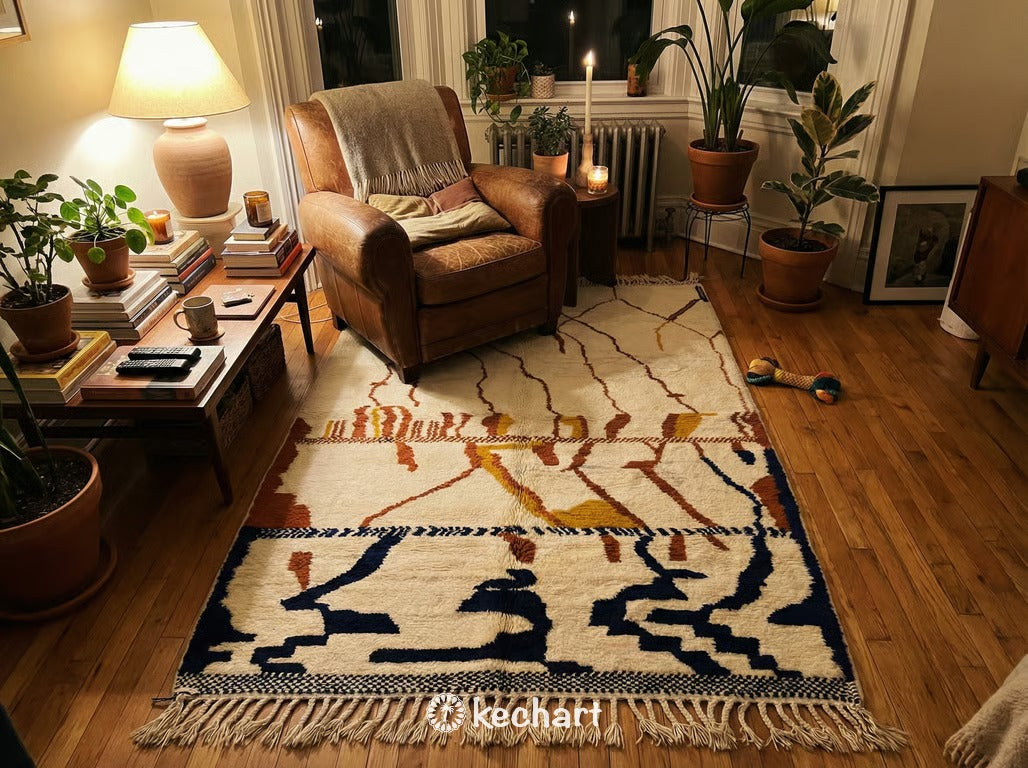 Custom Beni Ourain Rug - Handwoven Moroccan Wool in Rust, Navy & Cream