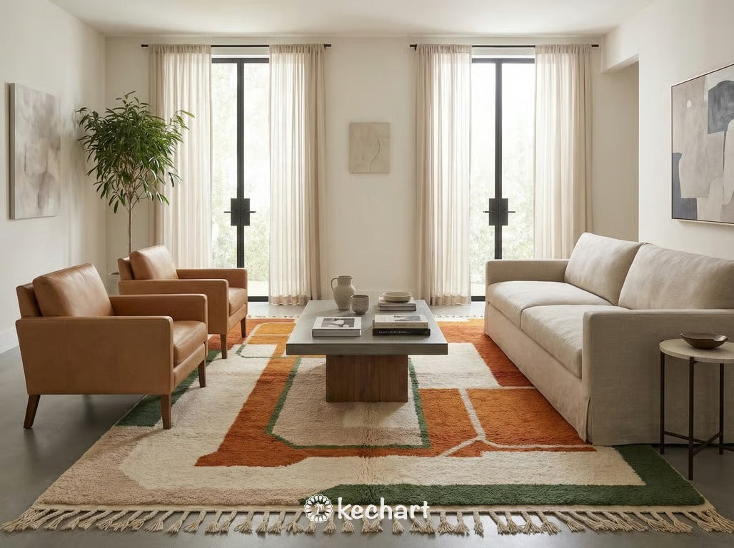 Large custom Moroccan area rug in a bohemian living room setting, anchoring a neutral linen sofa and wooden coffee table with warm earth toned geometric design.
