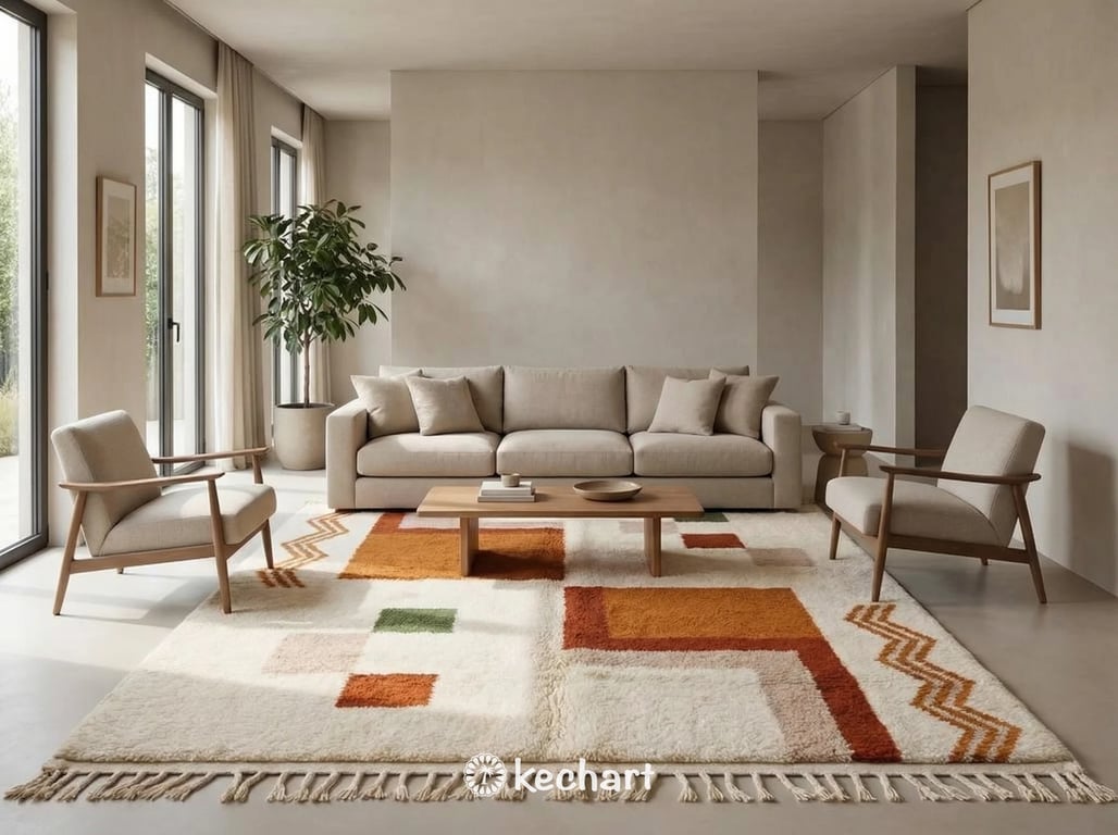 Large custom Moroccan area rug anchors a bohemian living room, placed under a linen sofa and wooden coffee table showing plush texture.