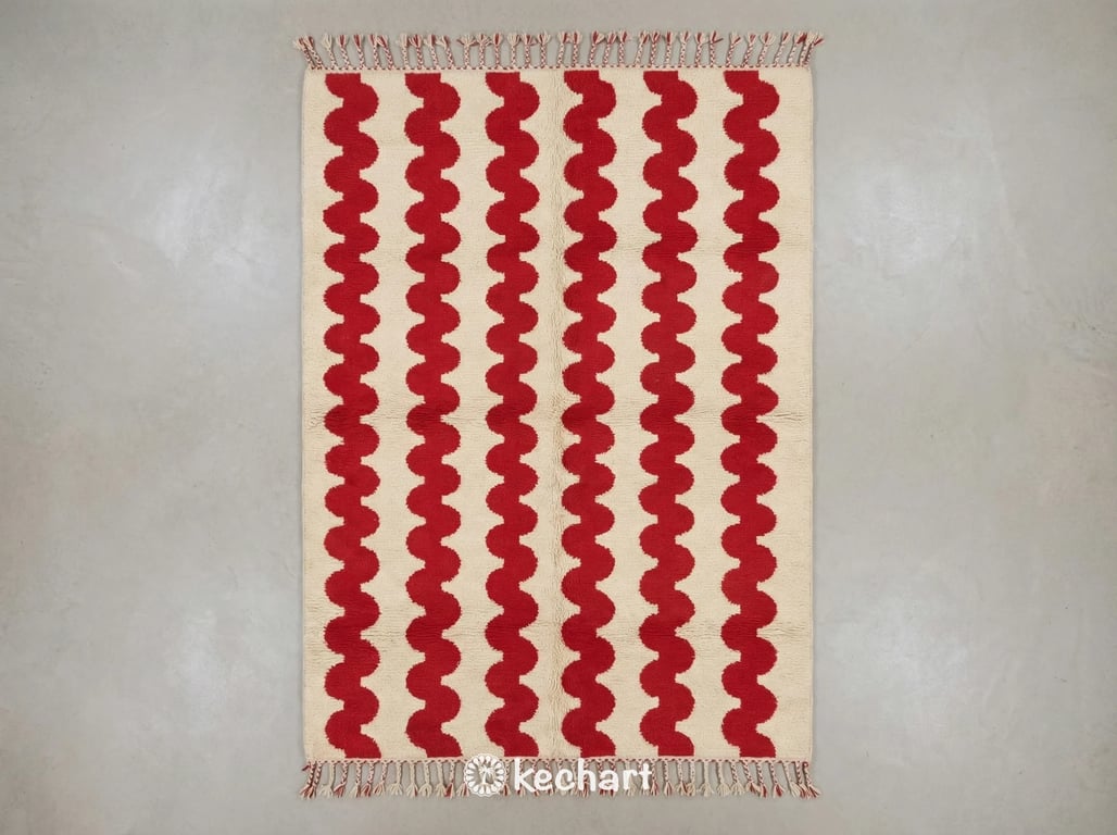 Custom made Beni Ourain Moroccan wool rug in natural cream with bold 'Red Alert' geometric diamond patterns and traditional fringe texture flat lay.