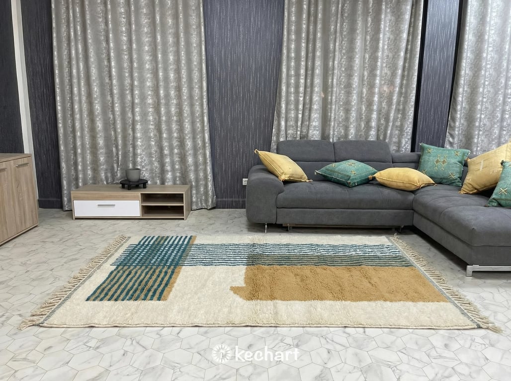 Custom Beni Ourain Rug - Made to Order Plush Moroccan Wool, Blue & Gold Diamonds