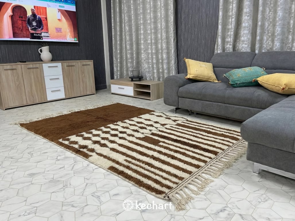 Large custom sized Berber area rug in leather brown wool spanning an expansive open-plan dining and lounge area providing warmth to the space.