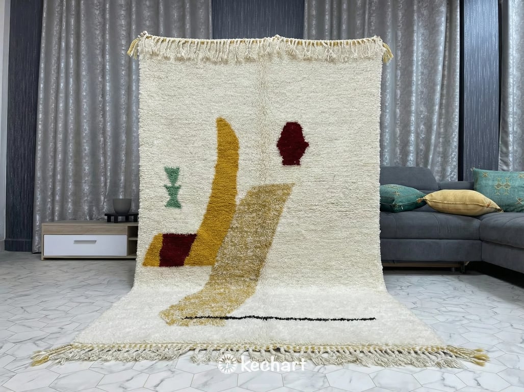 Close Up Detail of Hand-Knotted High Pile Atlas Wool Texture and Traditional Fringe on a Custom Moroccan Beni Ourain Rug