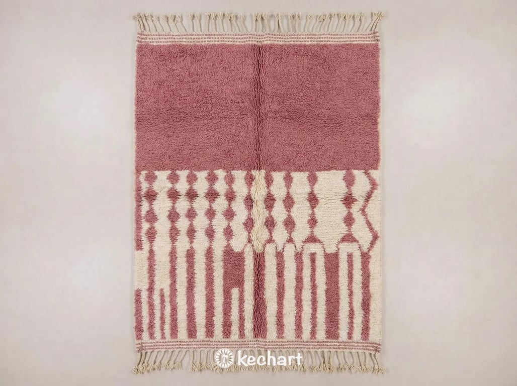 Custom made Beni Ourain Moroccan rug in slate rose wool, showing deep plush shag texture and medium density geometric diamond pattern with traditional fringe.