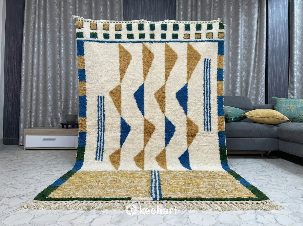 Custom Beni Ourain Rug - Made to Order Moroccan Blue & Gold Geometric Wool