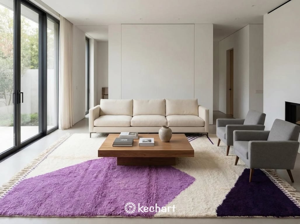 Moody and luxurious living room featuring a large custom purple and indigo Beni Ourain area rug anchoring a velvet sofa and brass coffee table.