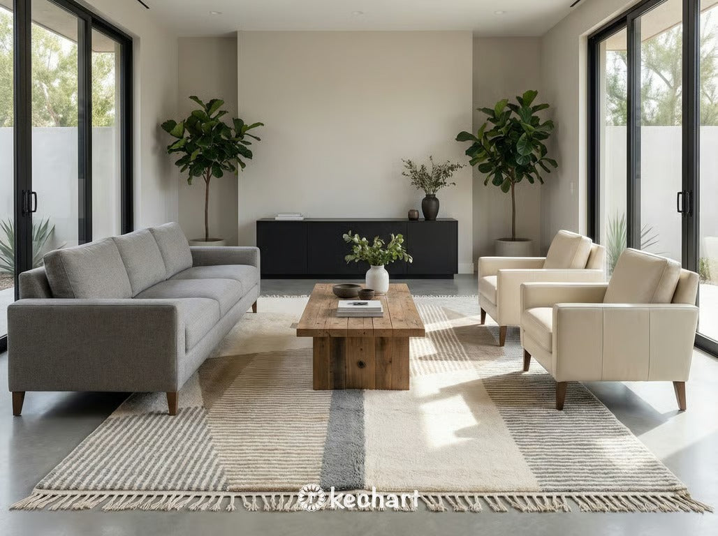 Modern minimalist living room featuring a large, custom-sized Beni Ourain wool area rug in cream and grey tones anchoring a white linen sofa and wooden coffee table.