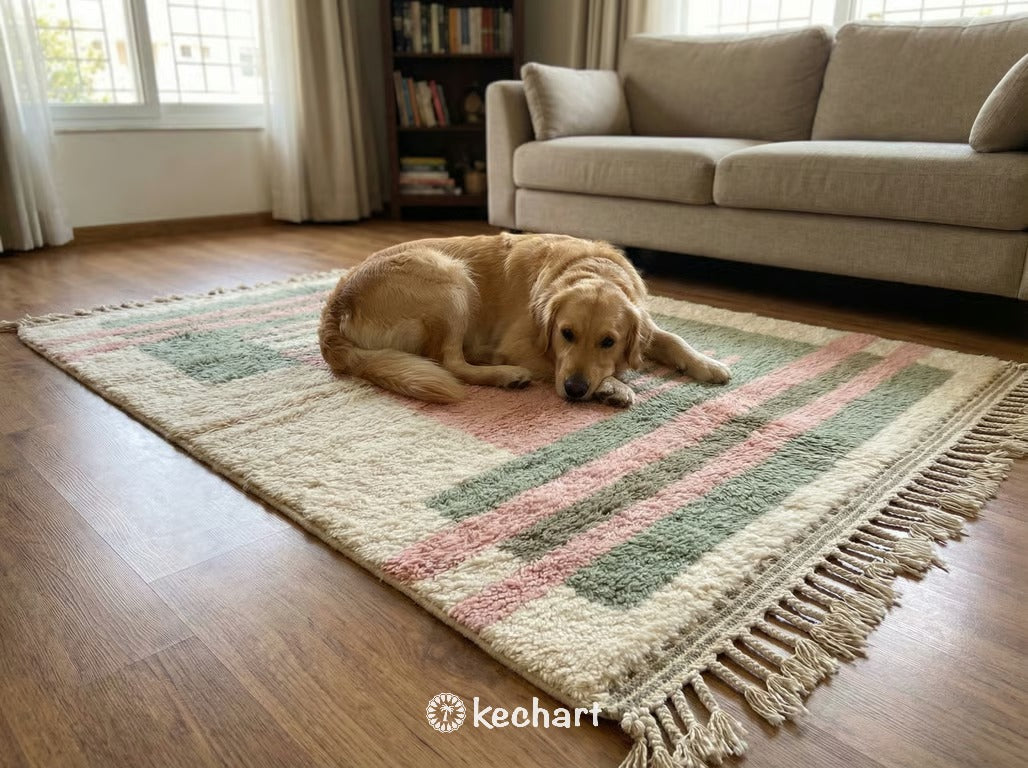 Custom Beni Ourain Rug - Made to Order Moroccan Wool, Sage & Pink Geometric