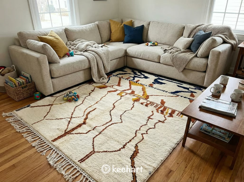 Custom Beni Ourain Rug - Handwoven Moroccan Wool in Rust, Navy & Cream