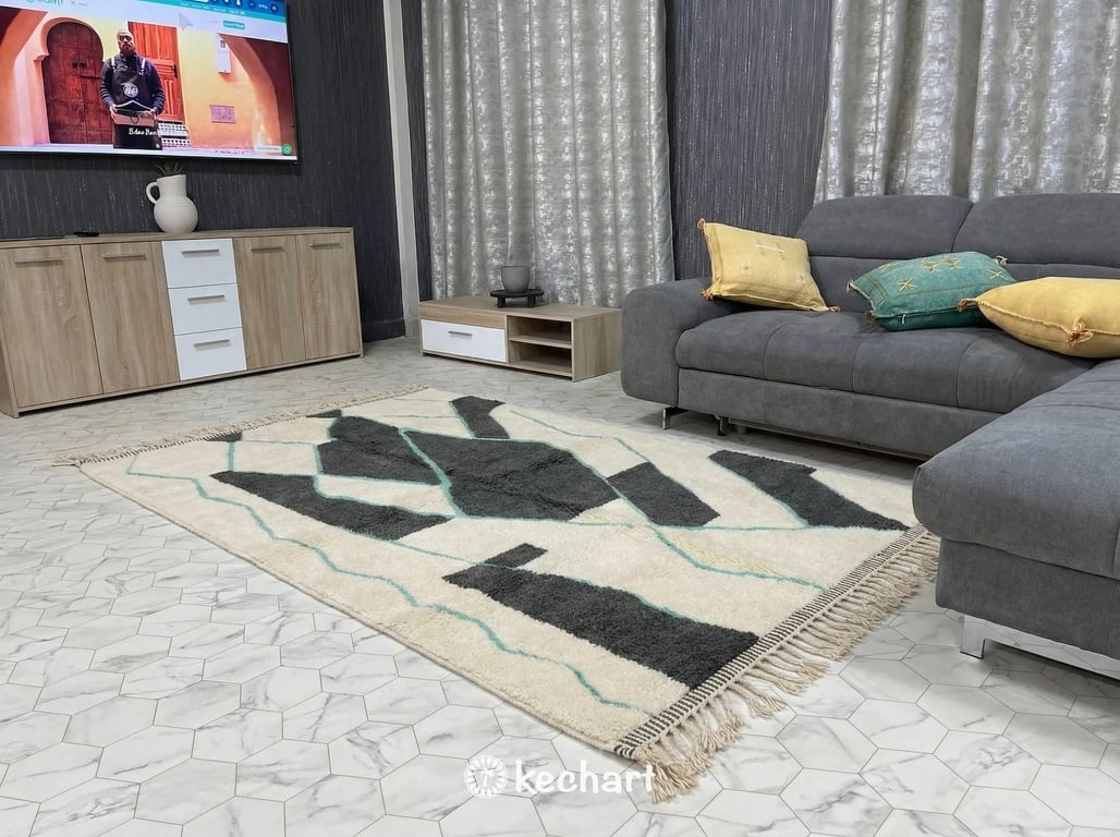 Custom Beni Ourain Rug - Handwoven Moroccan Wool in Cream, Charcoal & Mint