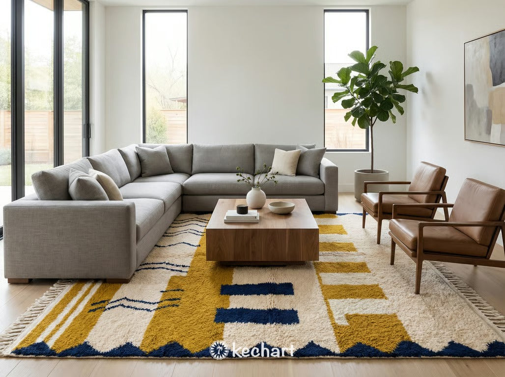 Plush Beni Ourain shag rug placed beside a bed in a neutral bedroom, showing the thick texture and colorful geometric details.