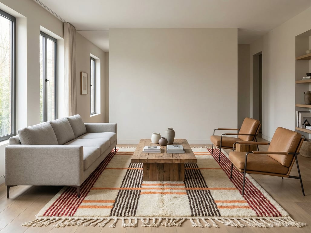 Elegant dining space featuring a made-to-order colorful Moroccan wool rug beneath a rustic wooden table, highlighting artisanal craftsmanship and bold geometric design.