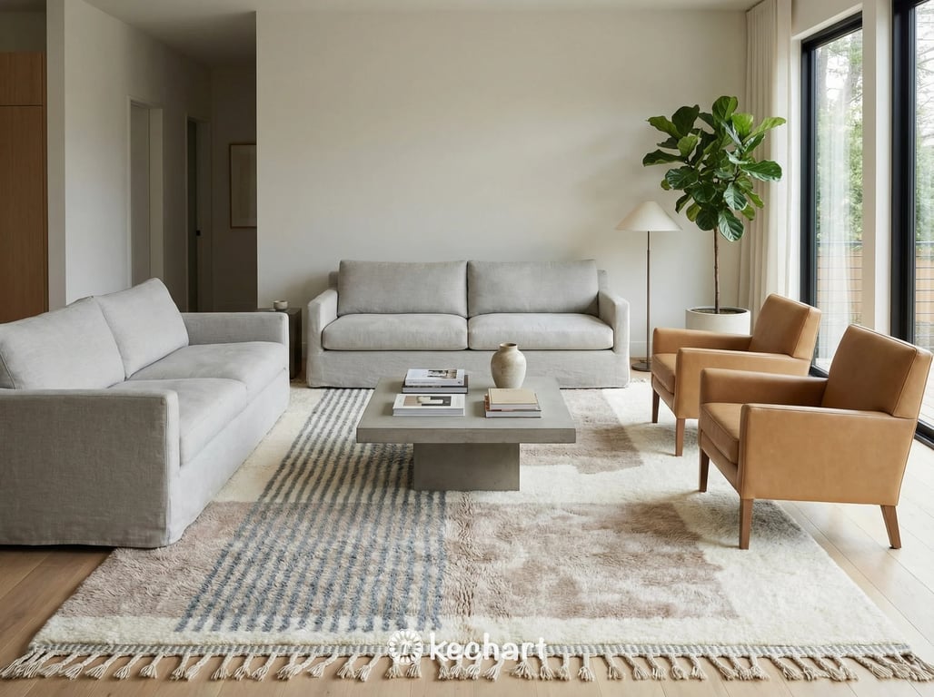 Soft white and grey Berber rug adding warmth and texture to a modern nursery or home office setting.