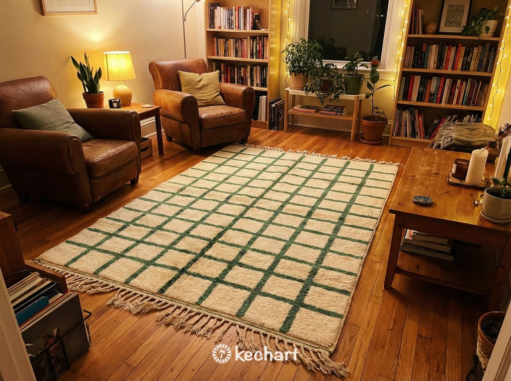 Custom Beni Ourain Rug - Cream & Russian Green Geometric Wool