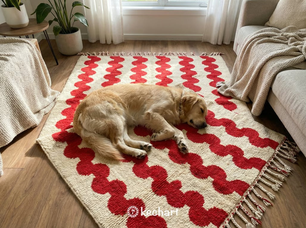 Custom Beni Ourain Rug - Cream & Red Geometric Wool - Made to Order