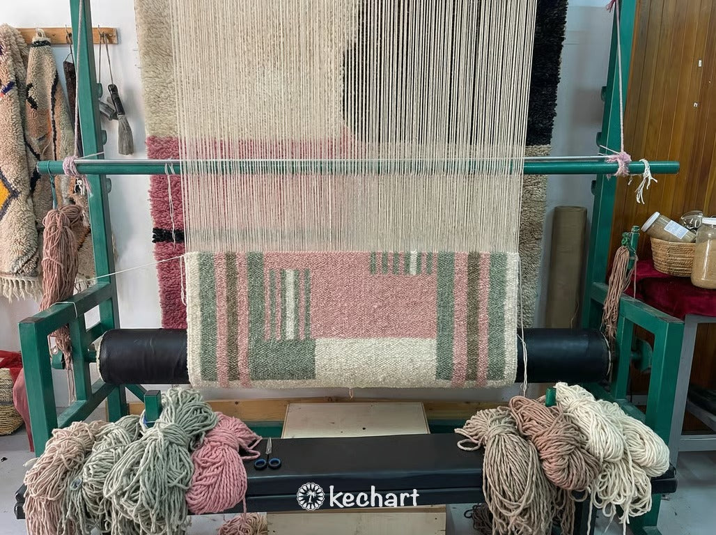 Custom Beni Ourain Rug - Made to Order Moroccan Wool, Sage & Pink Geometric