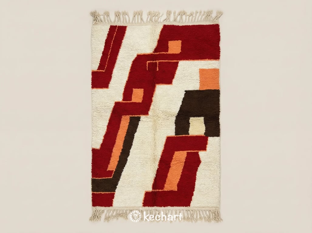 Custom Handmade Beni Ourain Moroccan Rug showing plush wool texture with geometric diamond patterns in Crimson Red, Orange Tangerine, Chocolate Fondant, and Warm Cream.
