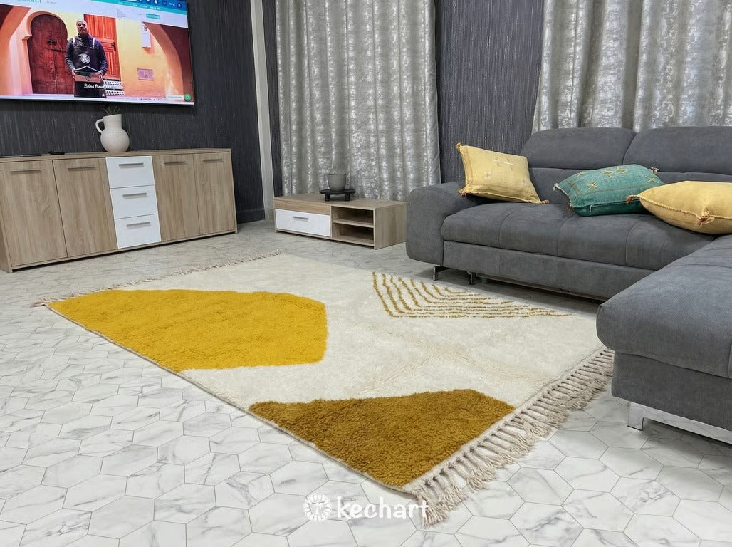 Custom Size Beni Ourain Rug - Handwoven Moroccan Wool, Cream & Sunflower