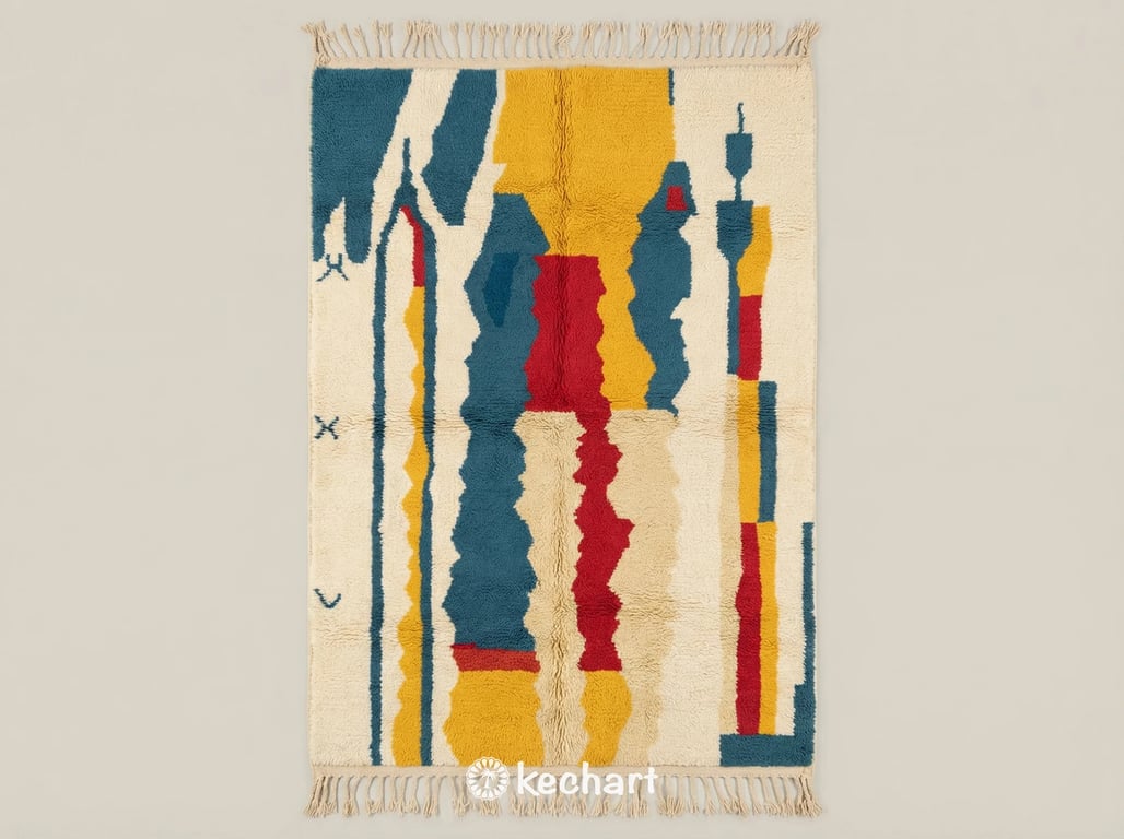 Custom Beni Ourain Moroccan Wool Rug showing vibrant saffron red and blue geometric diamond pattern on cream shaggy pile with traditional fringe.