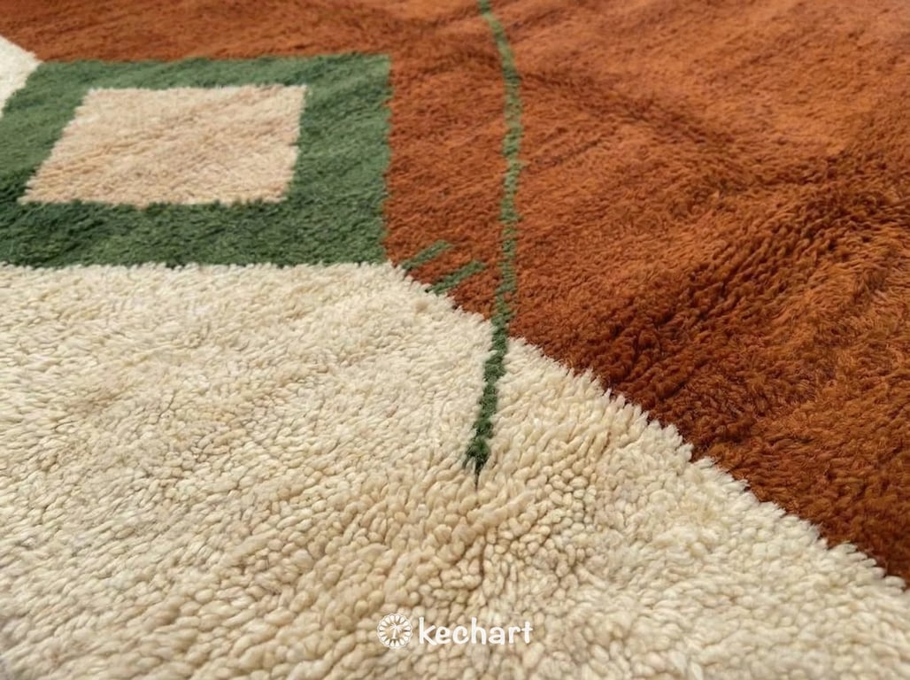Custom Size Beni Ourain Rug - Handwoven Moroccan Wool, Rust & Beige Diamonds