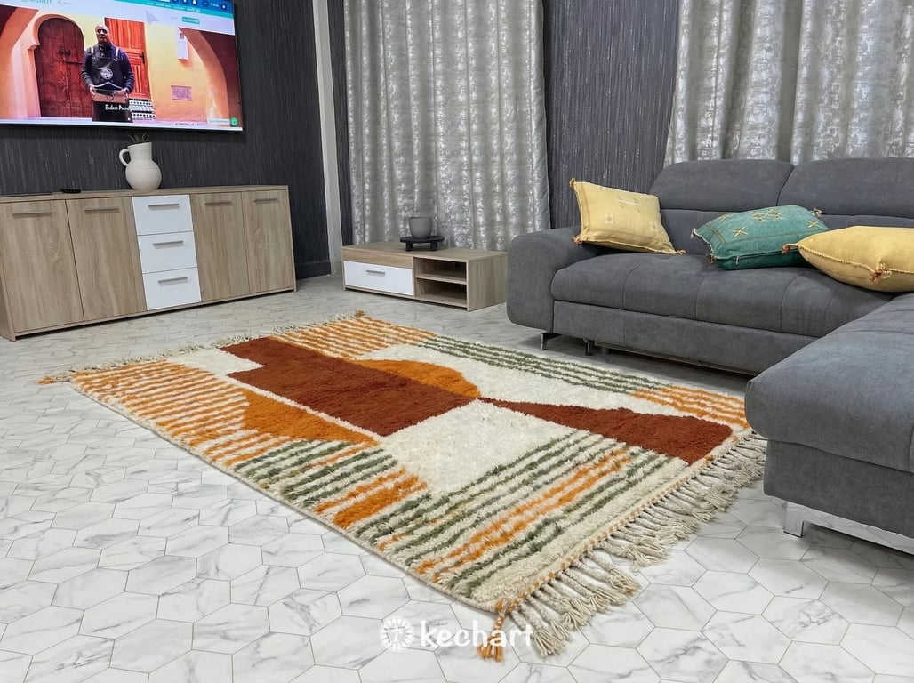 Modern farmhouse dining room featuring a bespoke geometric Moroccan wool rug in pesto, rust, and dust storm colors situated under a large wooden dining table.