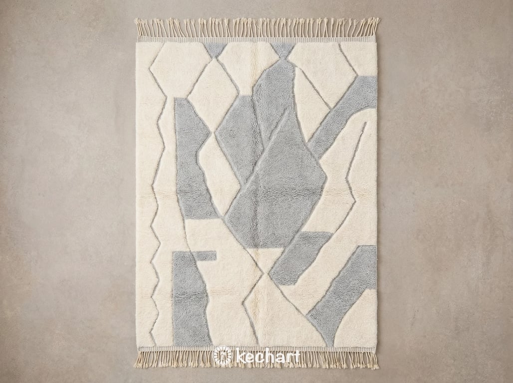 Handwoven Custom Beni Ourain Moroccan Rug showing plush natural cream wool with light silver grey geometric diamond patterns and traditional fringe.