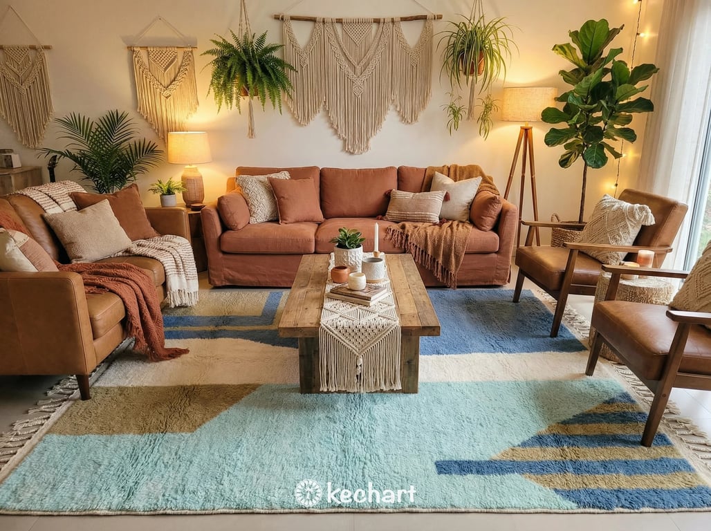 Plush Moroccan shag rug in a calm master bedroom setting, placed partially under a large bed, adding warmth and texture.